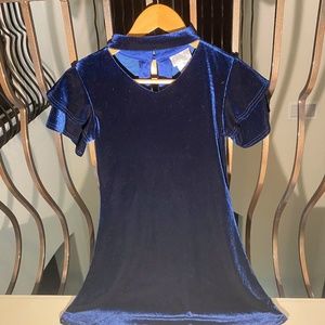blue velvet v-neck ruffle dress